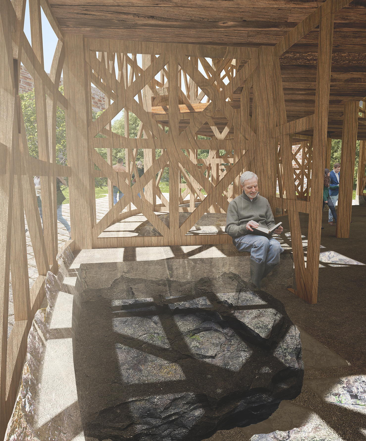 Old man reading inside of pod.