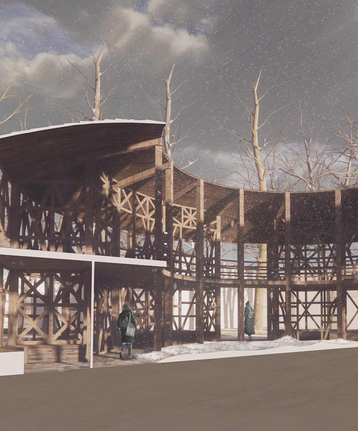 Render of interior of pavilion during the winter.